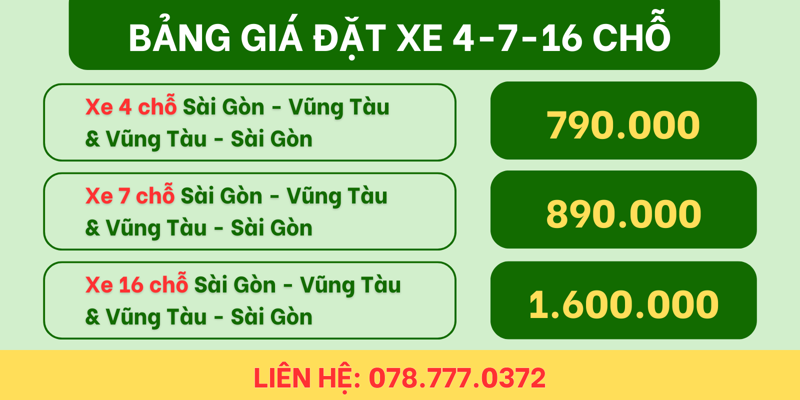 BẢNG GIÁ ĐẶT XE 4-7-16 CHỖ